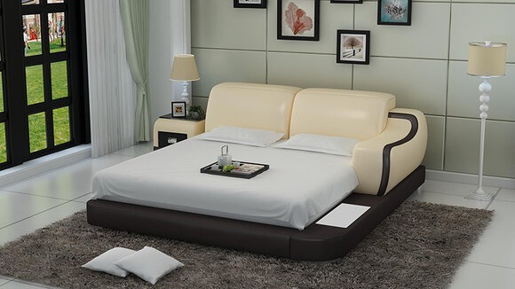 Design Bett XXL Hotel Polster 200x200 Multifunktion Regal USB Leder