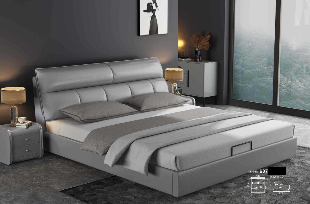 Graues Designer Bett Schlafzimmer Betten Textil Leder Hotel Polster
