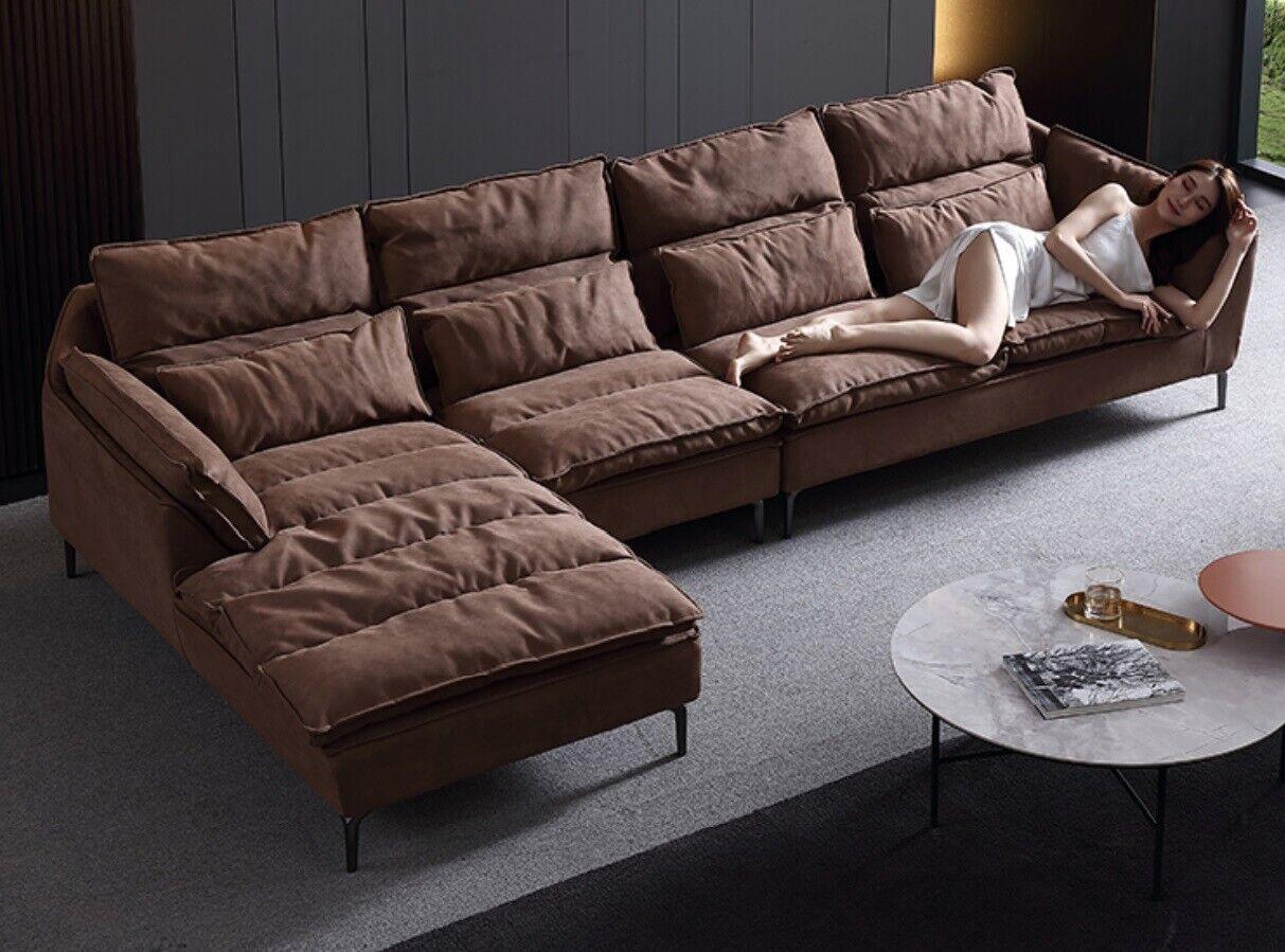 Wohnzimmer Design Ecke Textil Leder Braun Luxus Sofa Couch Polsterung L-Form Neu