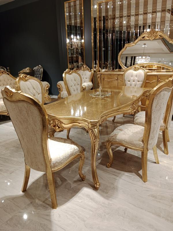 Klassisch Gold Esszimmer set Holztisch Esstisch + 4x Stühle Küche Holz