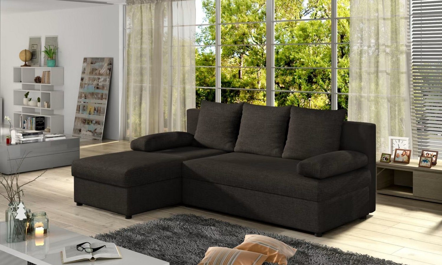 Sofa Schlafsofa Designer Schwarz Sofa mit Bettfunktion + Bettkasten Ecksofa