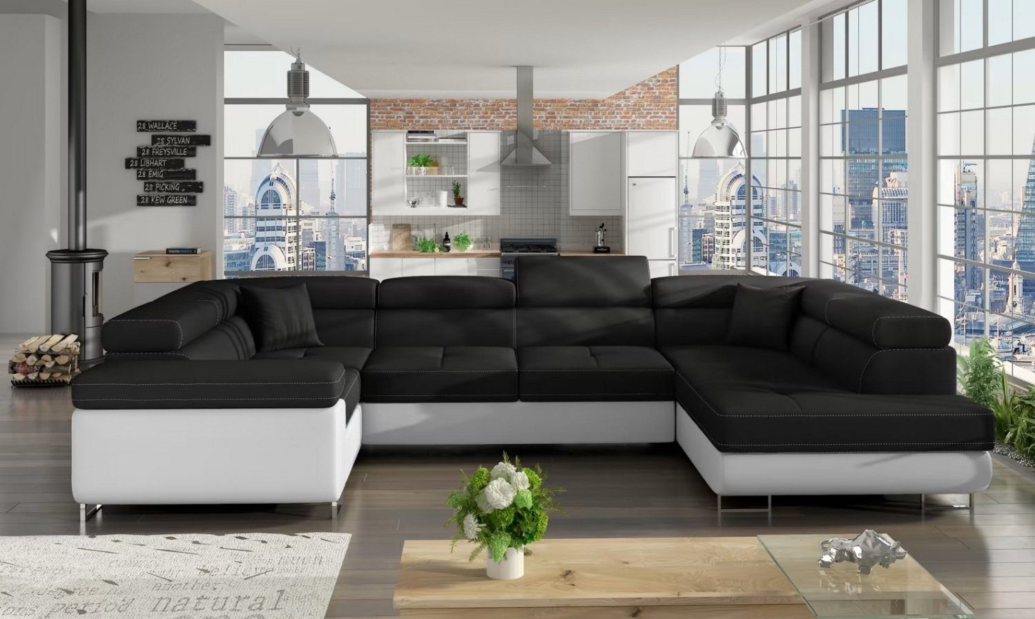 Design Ecksofa U-form Bettfunktion Couch Textil Sofas Neu Luxus-Möbel Sofort