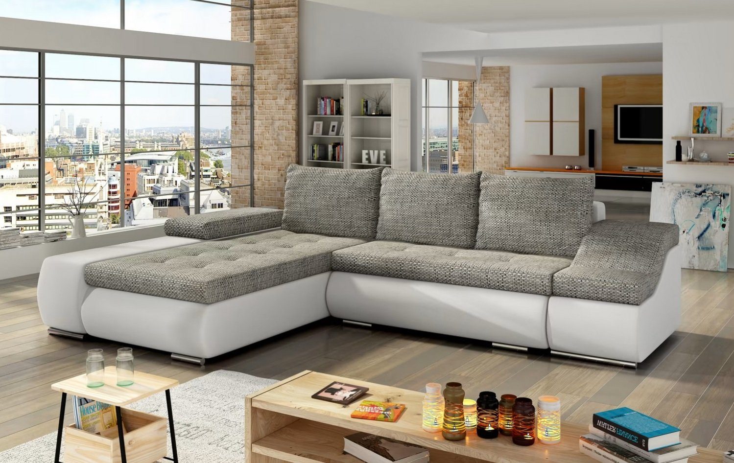 Design Schlafsofa Sofa Polster Wohnzimmer Ecksofa Couch Textl Stoff Garnitur Sofort