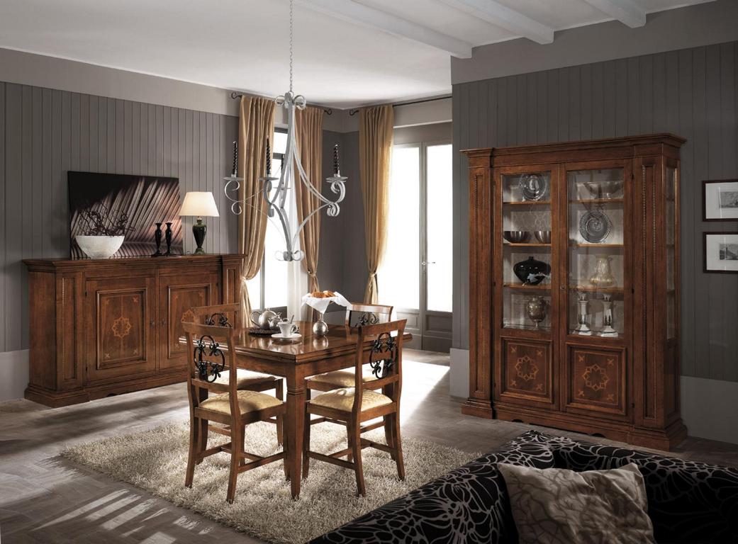 Set von 7pcs Holzmöbel Kommode 4x Stuhl Kommode Tisch Vitrine Gruppe Esszimmer Set 7pcs