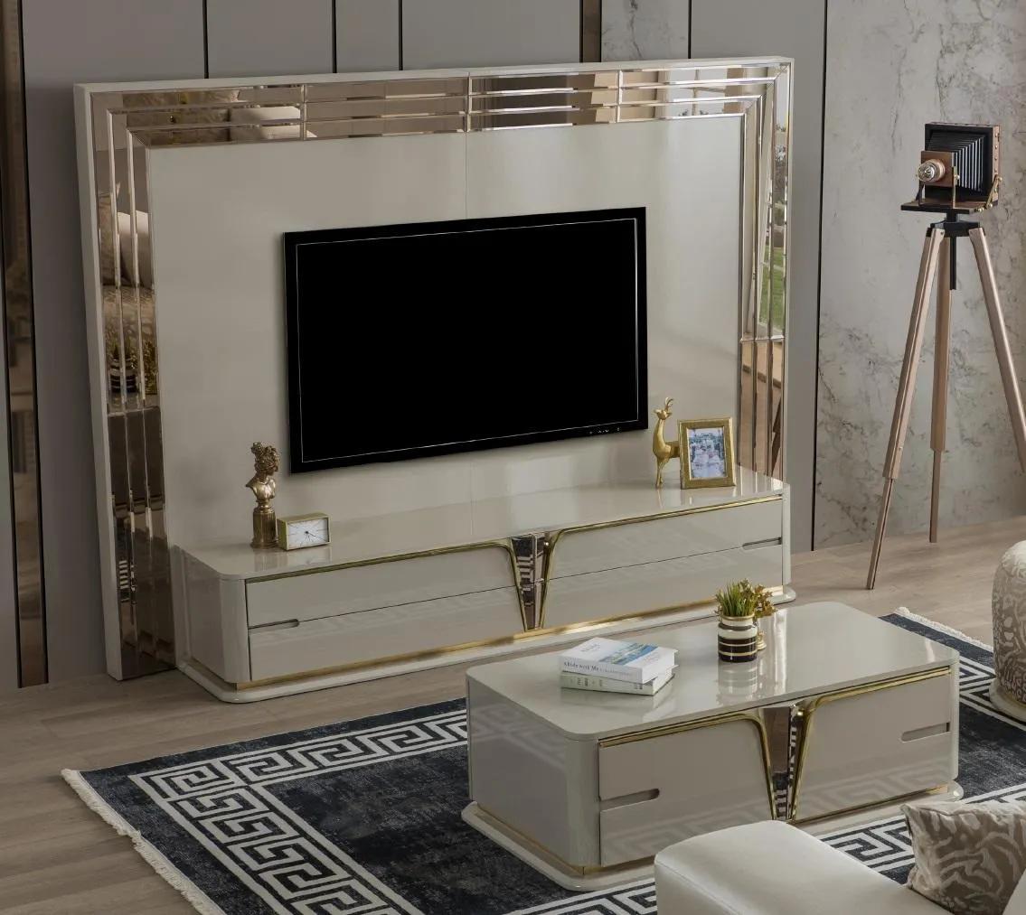 TV Ständer RTV Lowboard Sideboard Wohnzimmer Gold Beige Luxus Holz