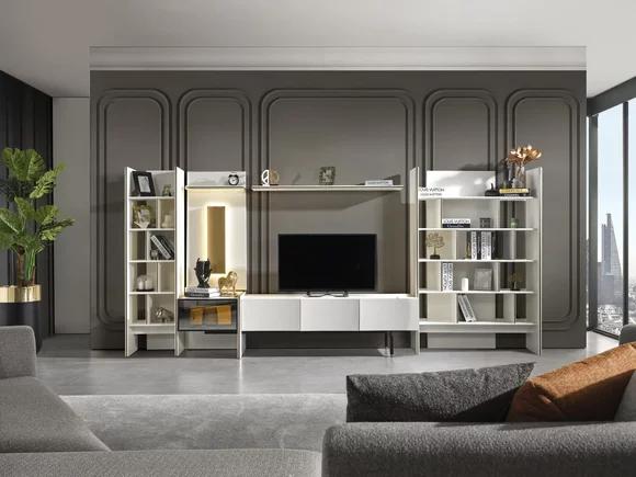 Garnitur Wohnwand TV Ständer RTV Lowboard Sideboard Regale Holz Weiß