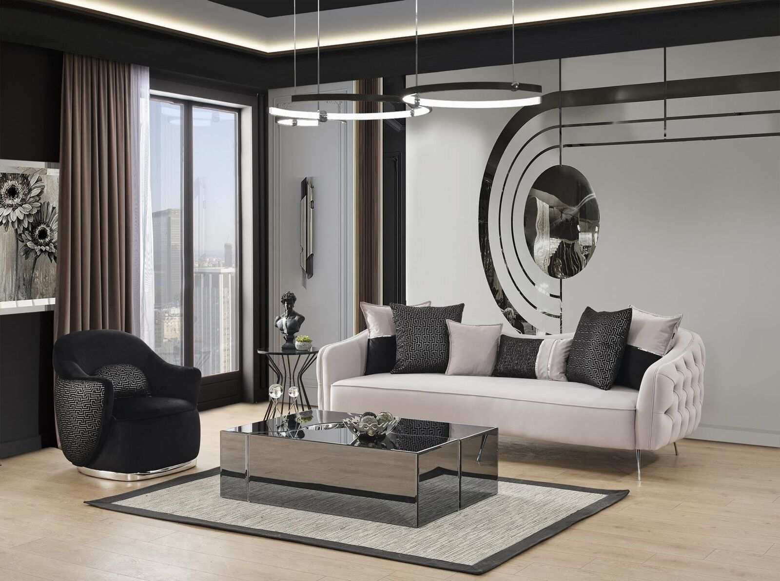Sofagarnitur Sofa 3 Sitzer Sessel Dreisitzer Stoff Weiß Polyester Set