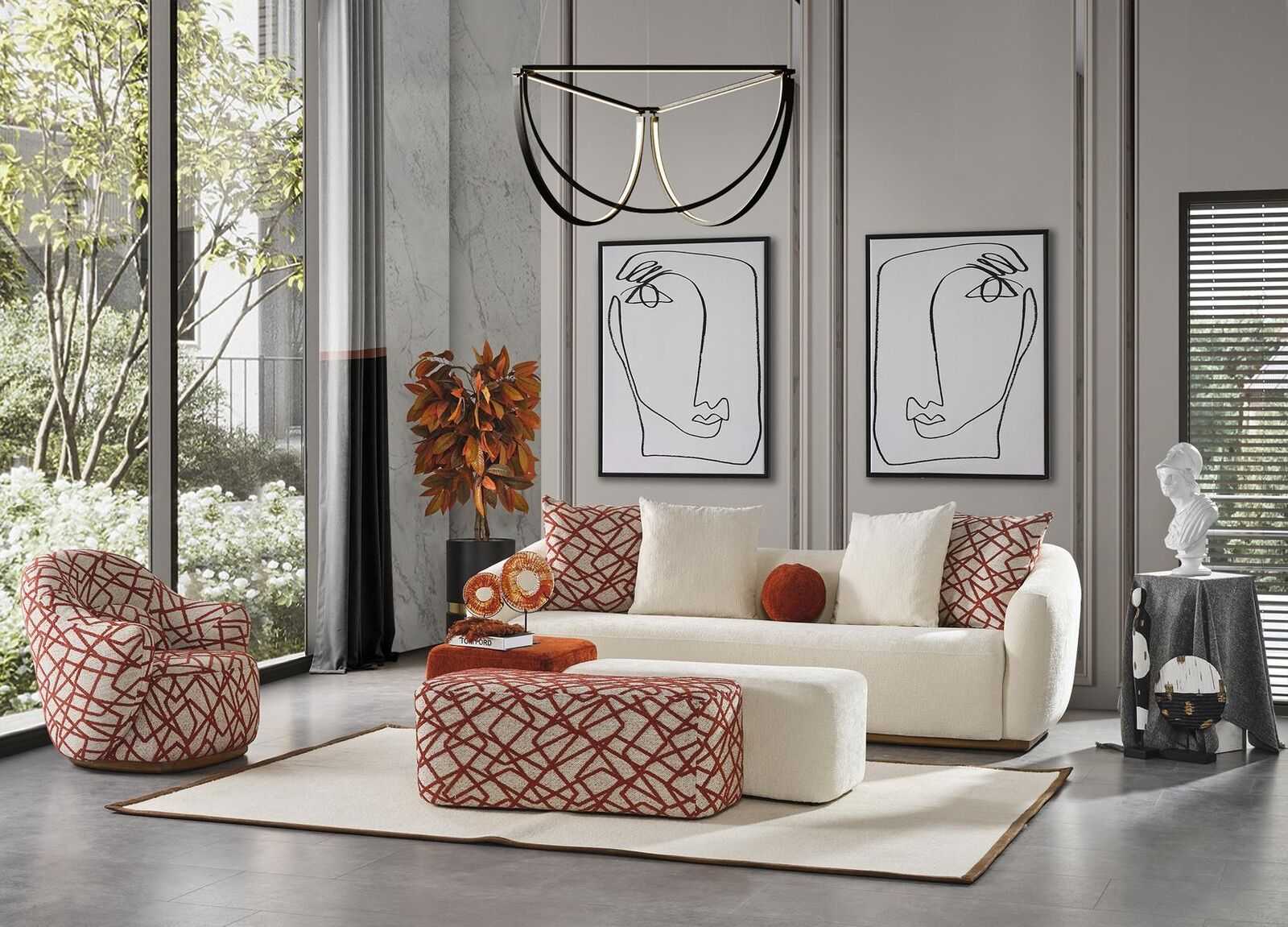Sofagarnitur Sofa 4 Sitzer Sessel 3x Hocker Weiß Viersitzer Stoff