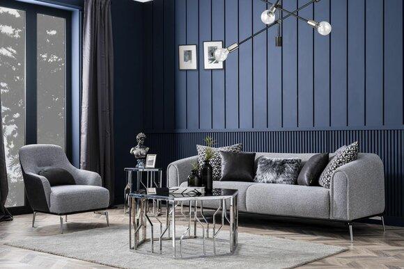 Garnitur Sofa 3 Sitz Sessel Dreisitzer Stoff Grau Modern Polyester