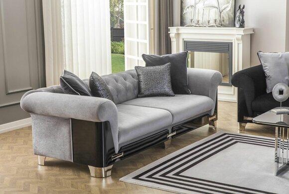 Dreisitzer Chesterfield Sofa 3 Sitzer Sofas Grau Stoff Wohnzimmer