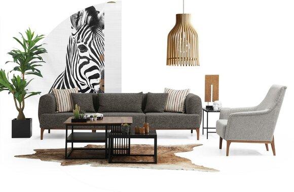 Sofagarnitur Dreisitzer Sitzer Modern Sessel Stoff Grau Wohnzimmer Set