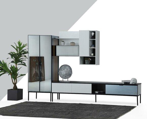 Wohnwand TV Ständer RTV Lowboard Vitrine Holz Modern Weiß Wohnzimmer