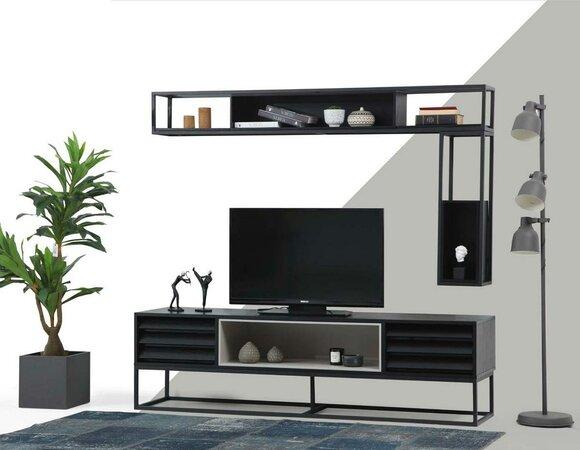 Wohnwand RTV Lowboard Regale TV Ständer Set Holz Modern Schwarz Design