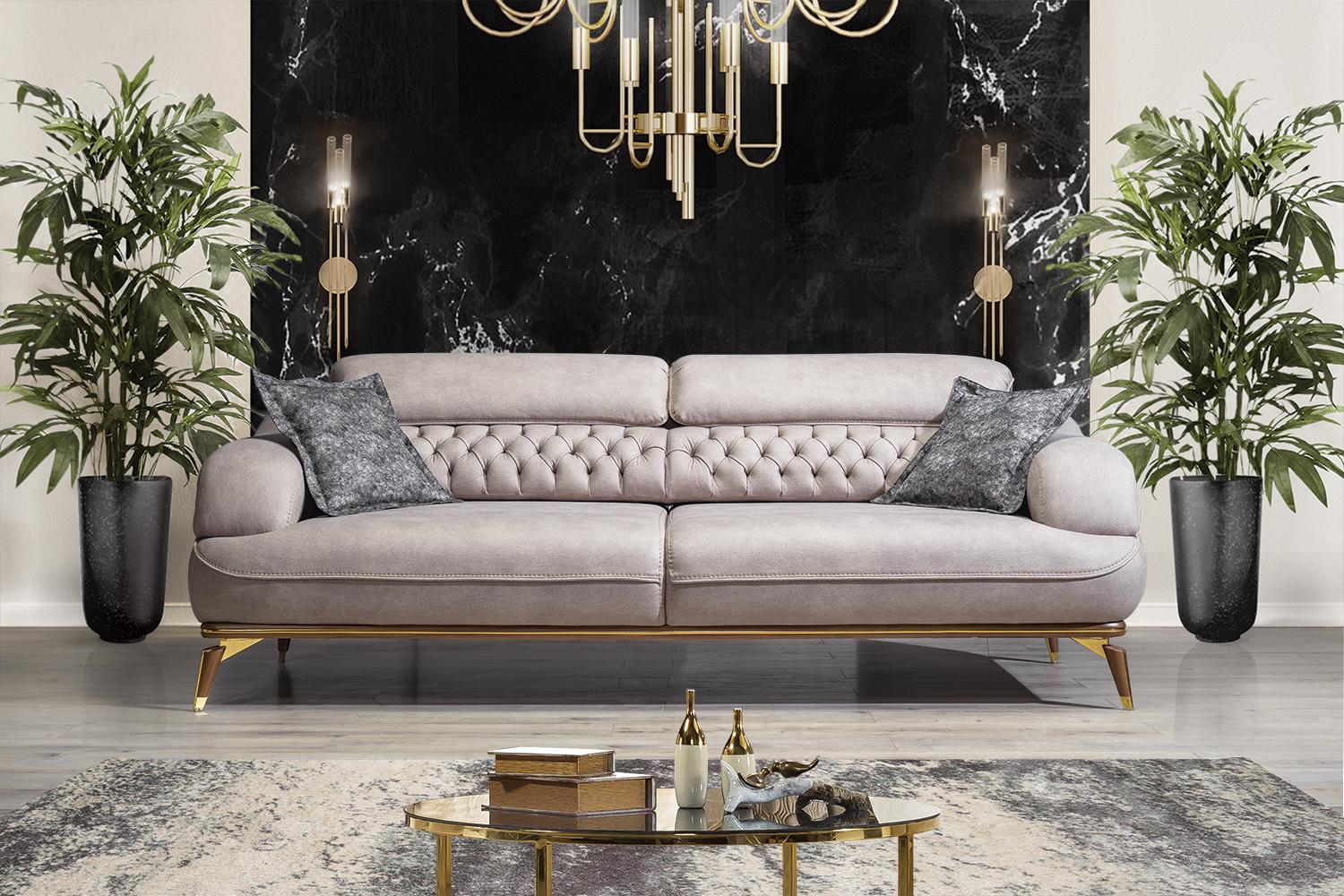 Luxus Dreisitzer Sofa 3 Sitzer Stoff Sofas Holz Design Grau Chesterfield