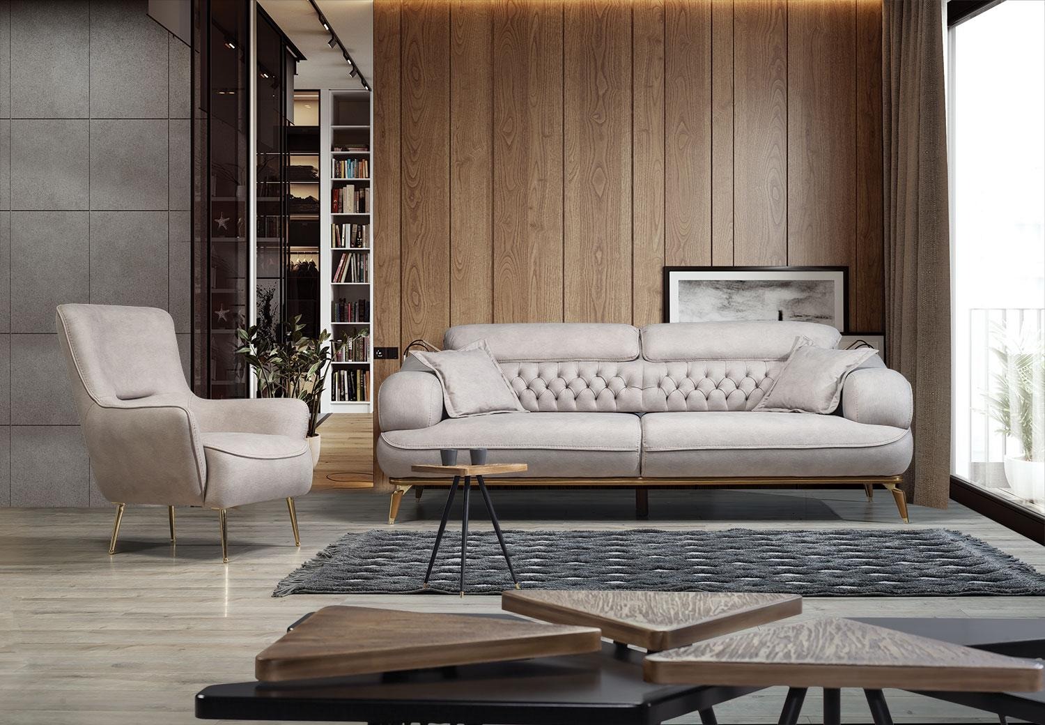 Sofa 3 Sitzer + Sessel Set Design Sofa Textil Sessel Wohnzimmer Neu