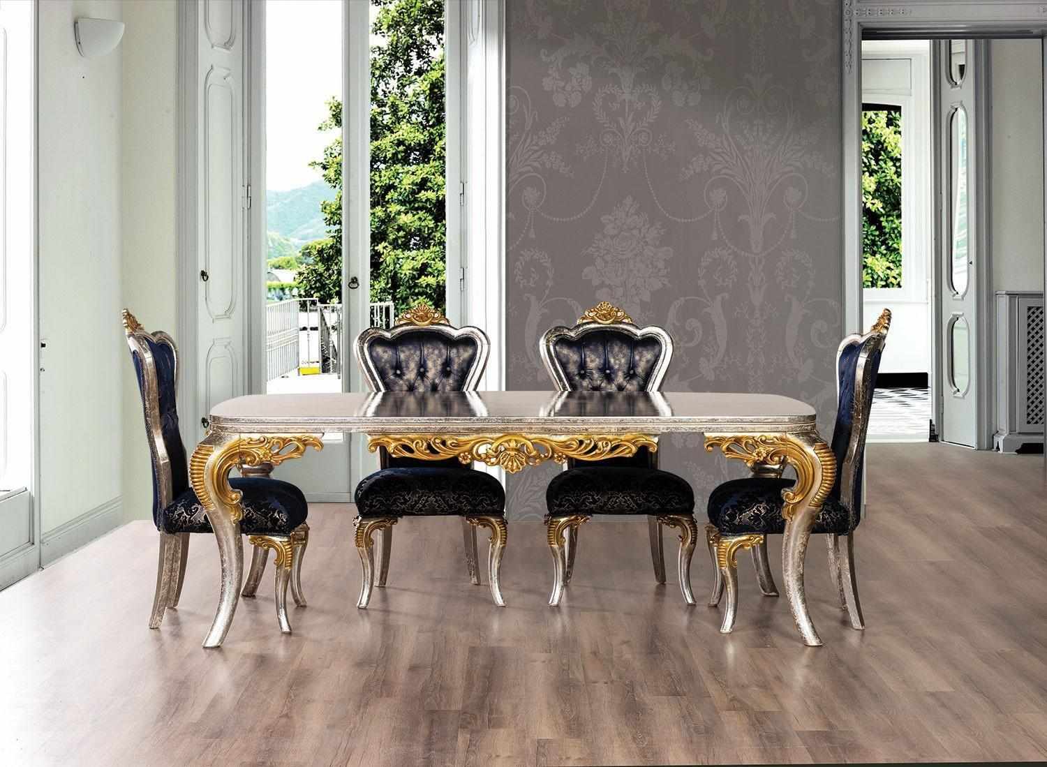 Esszimmer Set Silber Gold Essgruppe Tisch + 4x Lehnstuhl Chesterfield