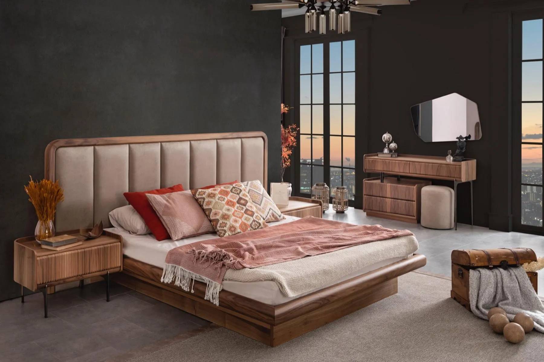 Braune Luxus Holz Schlafzimmer Garnitur Bett Spiegel Schminktisch