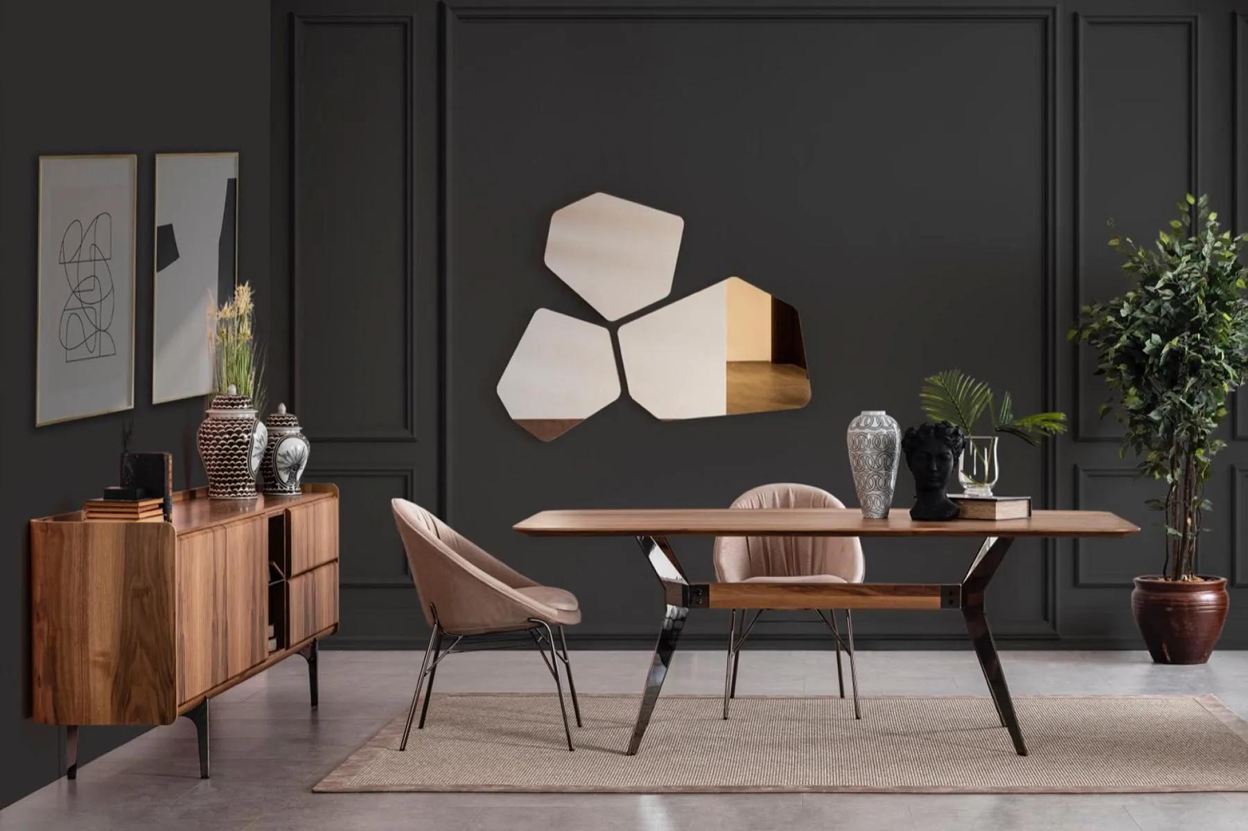 Moderne Esszimmer Garnitur Esstisch 2x Stühle Sideboard mit 3x Spiegel