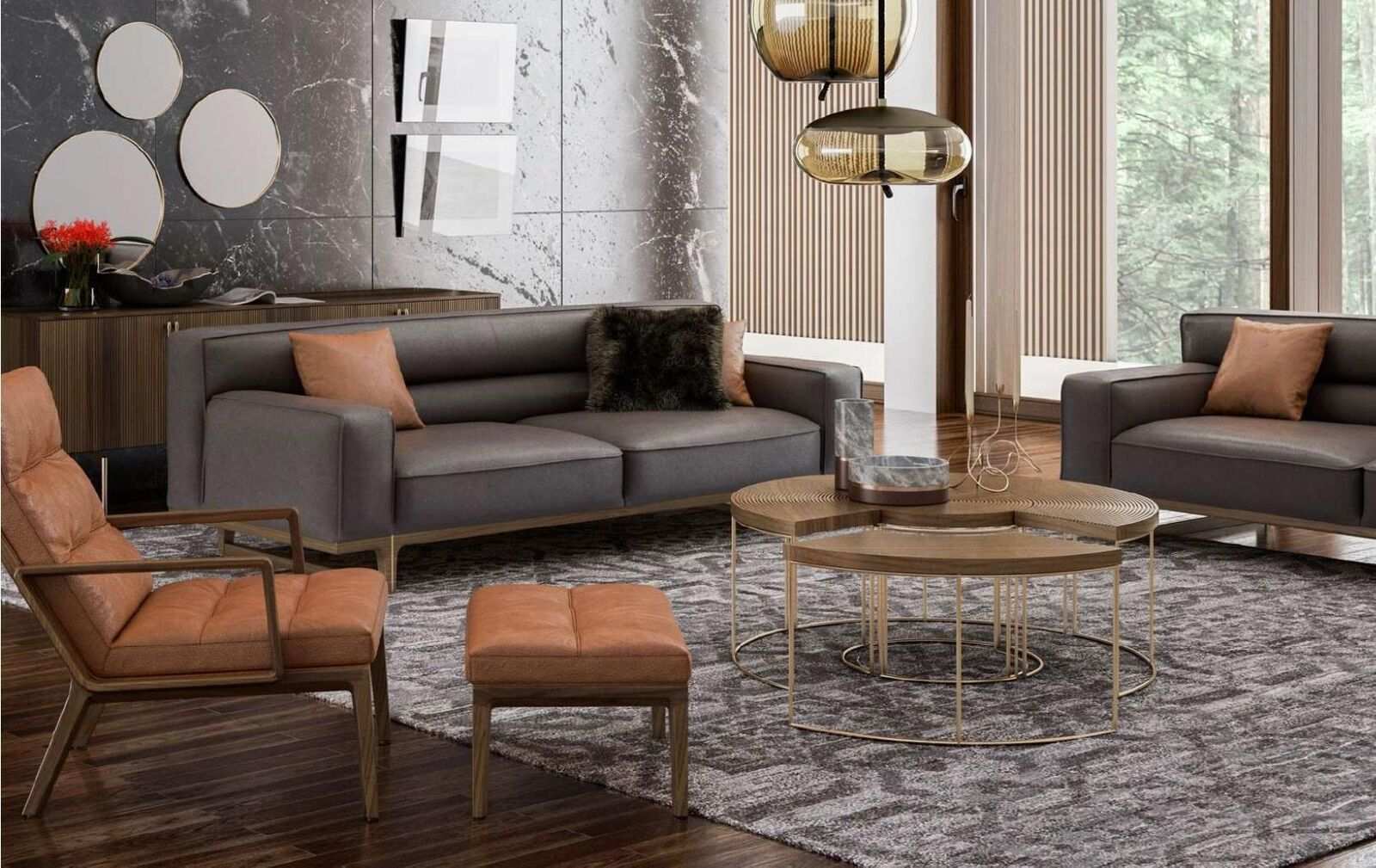 Stilvolle Graue Sitzgarnitur Dreisitzer Sessel Hocker Wohnzimmer Möbel