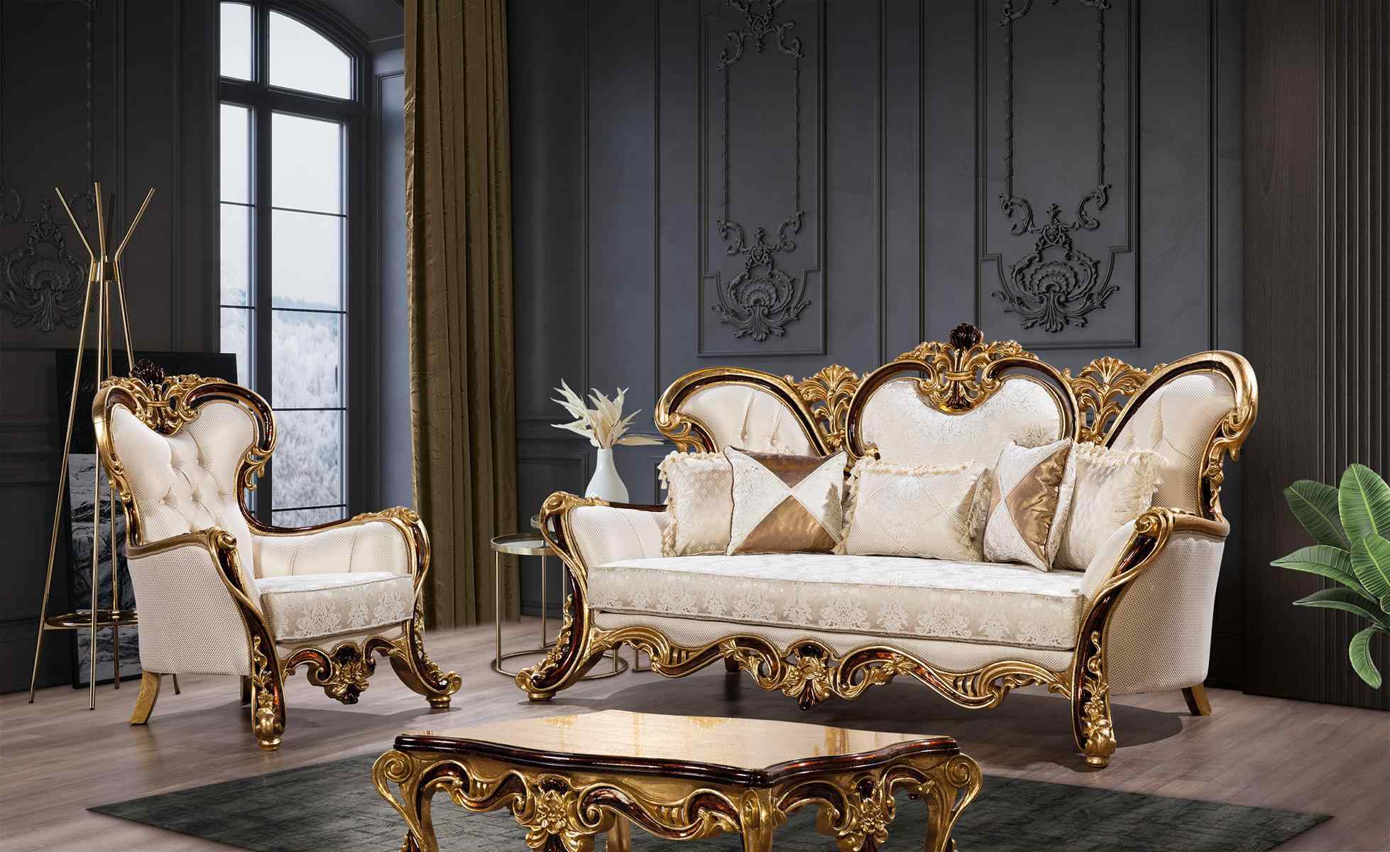 Sofa Set 3+1 Sitzer Gold Couchtisch Set 3tlg.