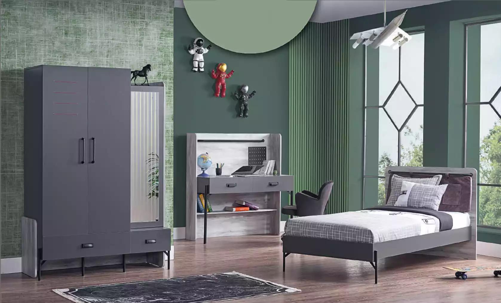 Graues Jugendzimmer Set Kinderzimmer Tisch Schrank Bett 3tlg.