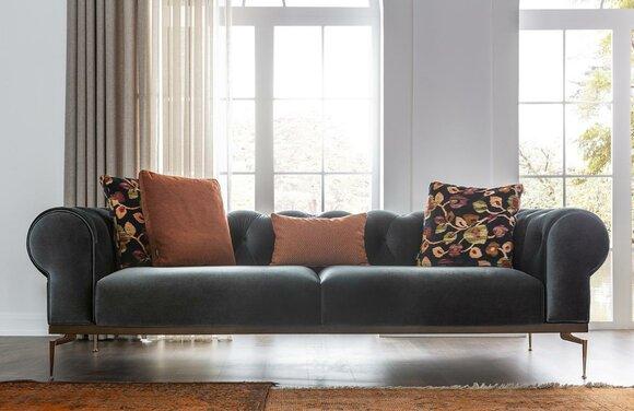 Chesterfield Dreisitzer Sofa 3 Sitzer Stoffsofa Sofas Blau Stoff Couch