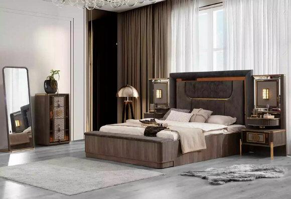 Grau Garnitur Doppelbett Set 6tlg Bett Schlafzimmer Stoff Kommode