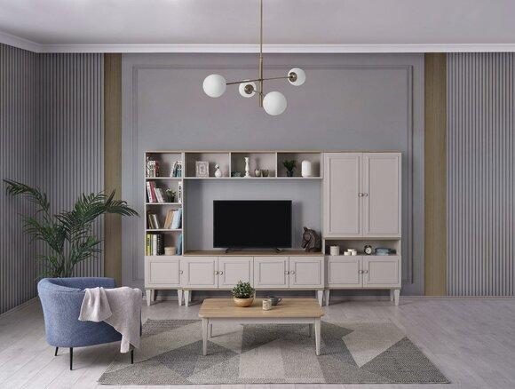 Wohnwand Wohnzimmerwand TV Ständer Holz RTV Lowboard Grau Regale Set