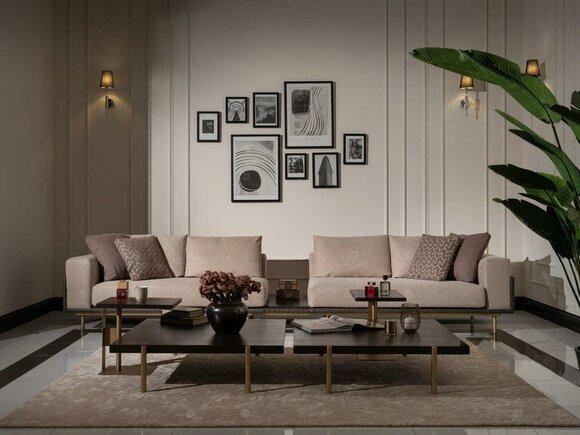 Wohnzimmer Gruppe Sofa Couchtische 4tlg Stoffsofa Beige Holz Moderne
