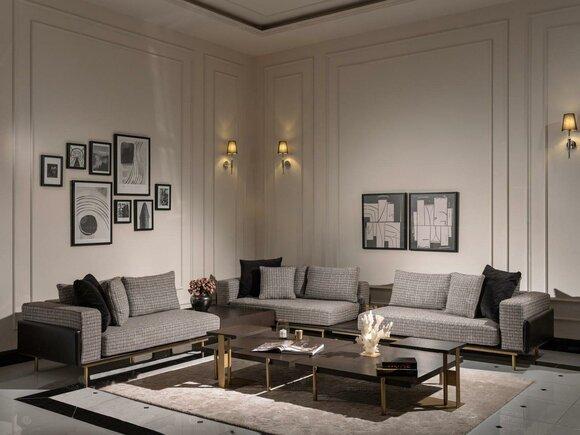 Wohnzimmer Garnitur Sofa Couchtische 5tlg Stoffsofa Grau Holz Set