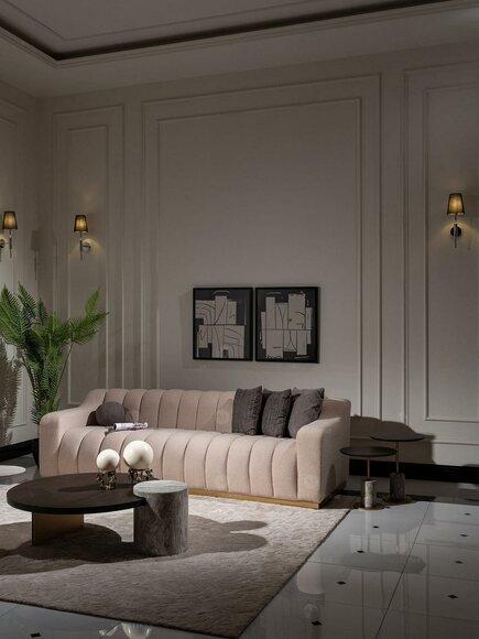 Garnitur Wohnzimmer Dreisitzer Couchtische 4tlg Stoffsofa Beige Holz