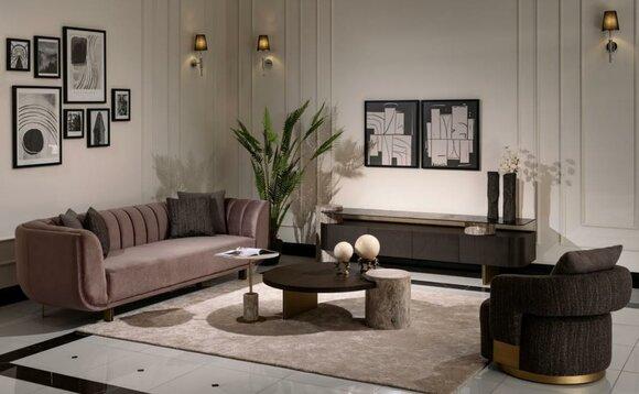 Wohnzimmer Garnitur Sofa Sessel Braun Stoff Couchtische Set 5tlg RTV