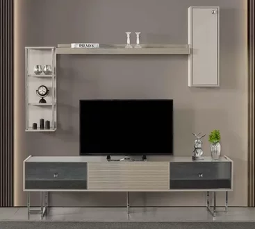 Wohnwand RTV Lowboard TV Ständer Schrank Holz Grau Regale Wohnzimmer