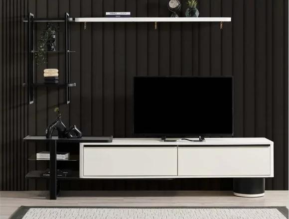 Wohnzimmer RTV Lowboard TV Ständer Schrank Holz Weiß Regale Wohnwand