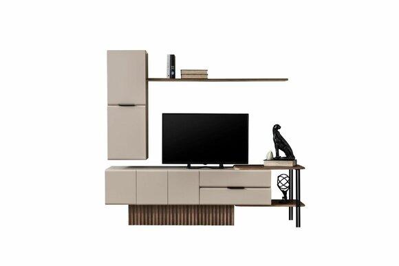 Wohnwand TV Ständer Wandschrank RTV Lowboard Beige Holz Regale