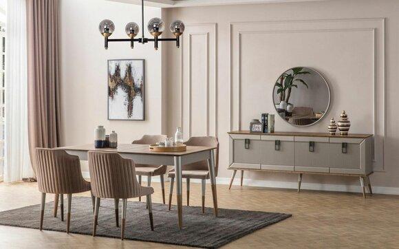 Helle Esszimmer Garnitur Robuster Esstisch Luxuriöses Sideboard 9tlg