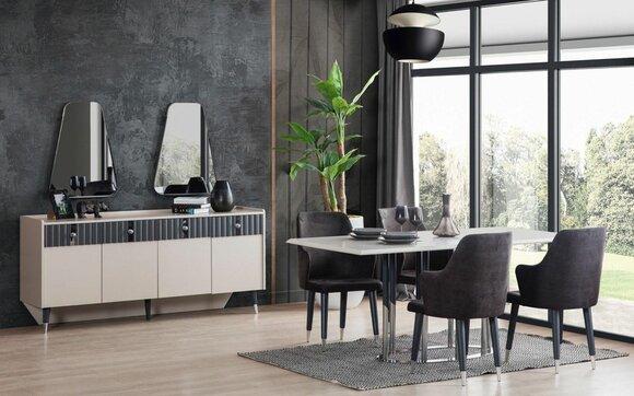 Moderne Essgruppe Rechteckiger Esstisch 6x Stühle Sideboard 2x Spiegel