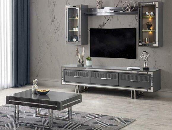 Wohnwand TV Ständer Schranke Couchtisch RTV Lowboard Grau Set 3tlg