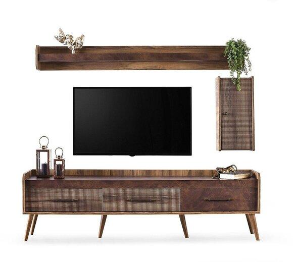Garnitur Wohnzimmer TV Ständer Wandschrank Braun Holz RTV Lowboard