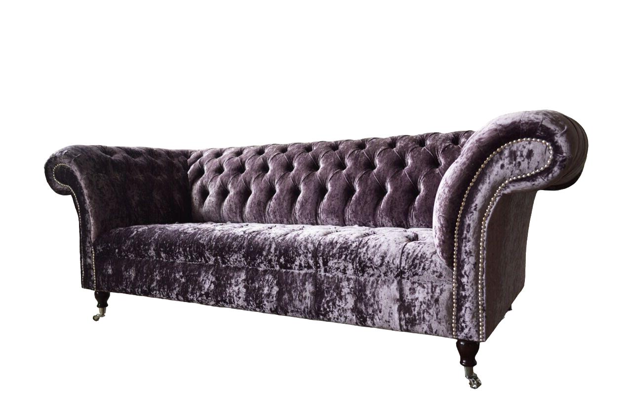Chesterfield Couch Textil Samt Stoff Sofa Möbel Design 3 Sitzer Lila
