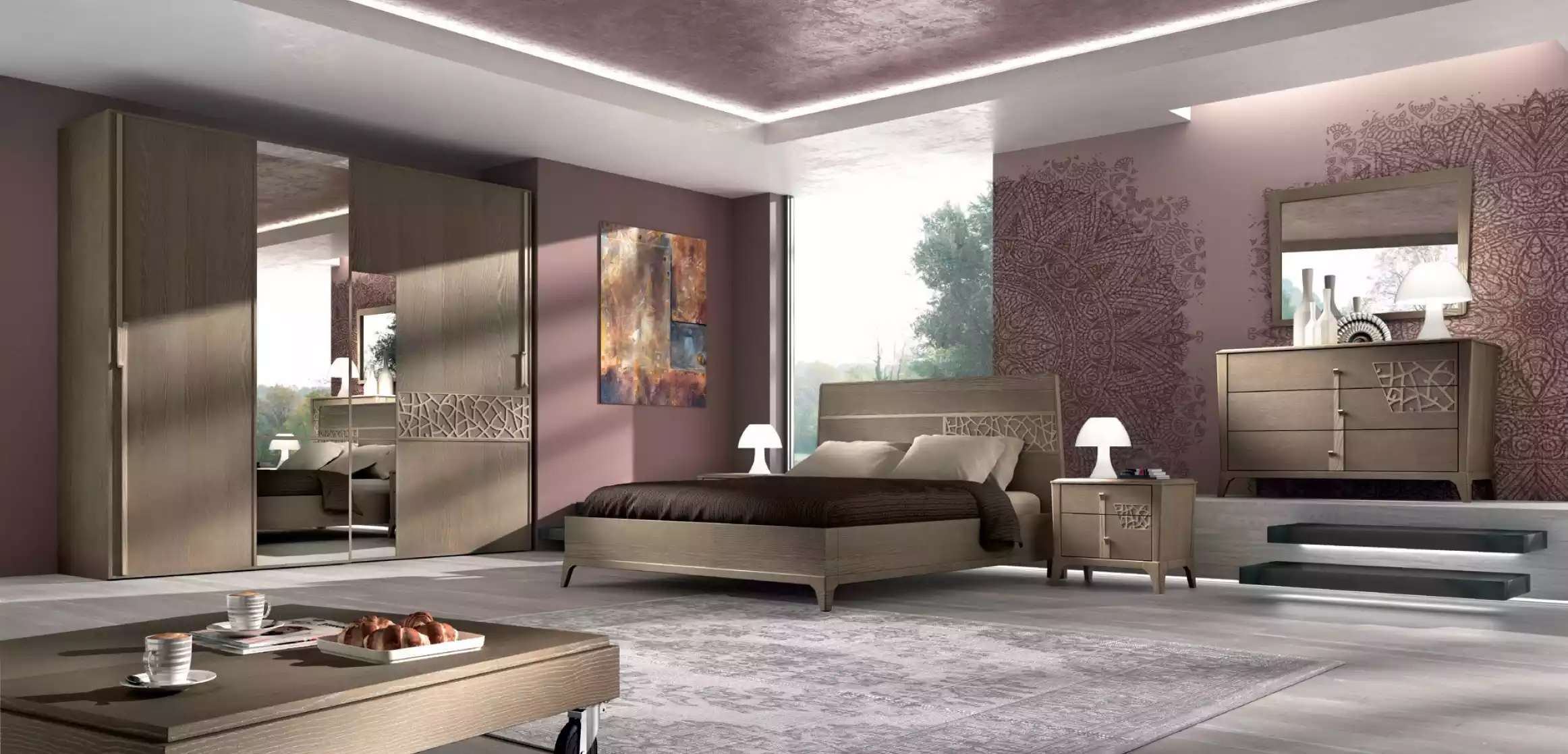 Schlafzimmer Bett 2x Nachttisch Design 6tlg. Komplett Set braun