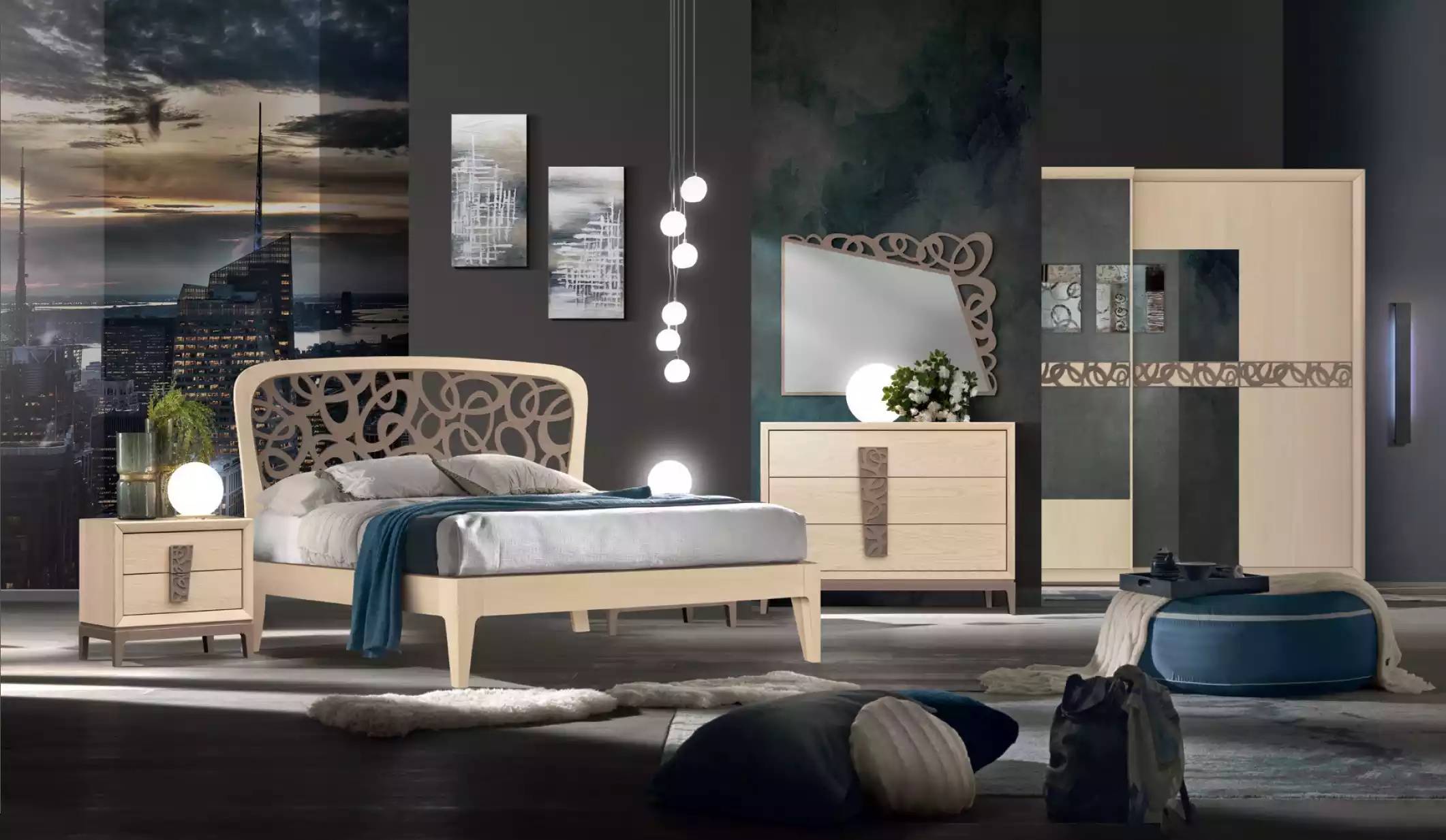 Schlafzimmer Set Bett 2x Nachttische Kleiderschrank Design Luxus 6tlg