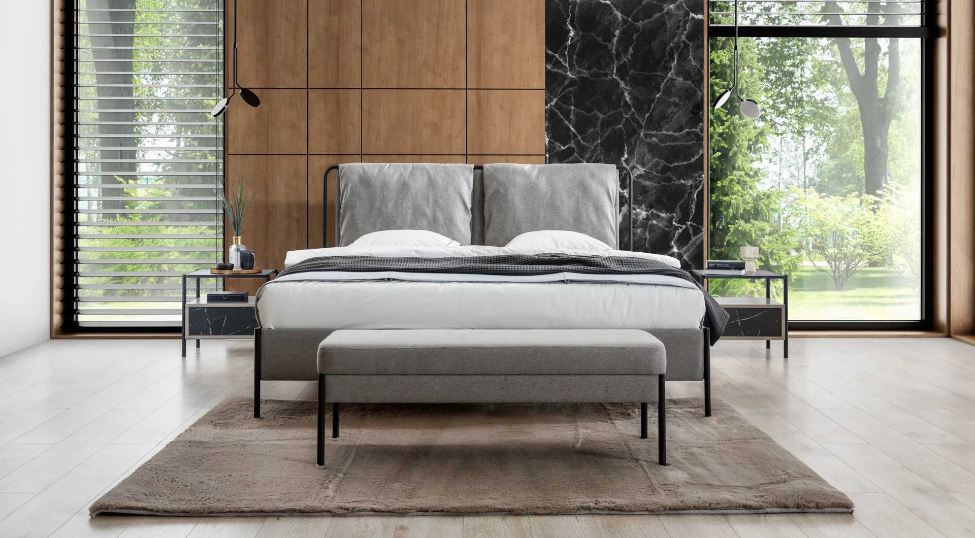 Exklusives Schlafzimmer Doppelbett Metallgestell Bank Luxus Möbel