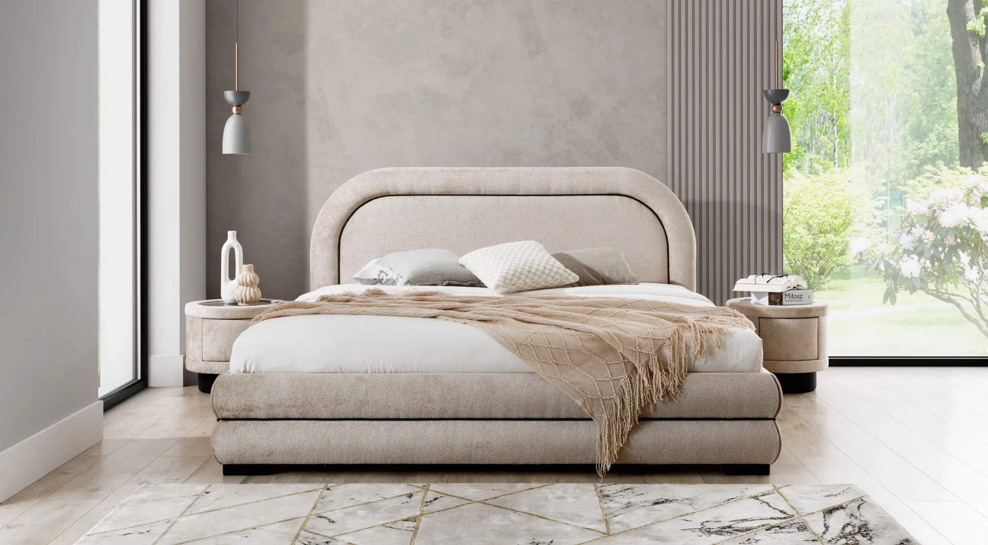 Schlafzimmer Garnitur Designer Beiges Doppelbett 2x Textil Nachttische