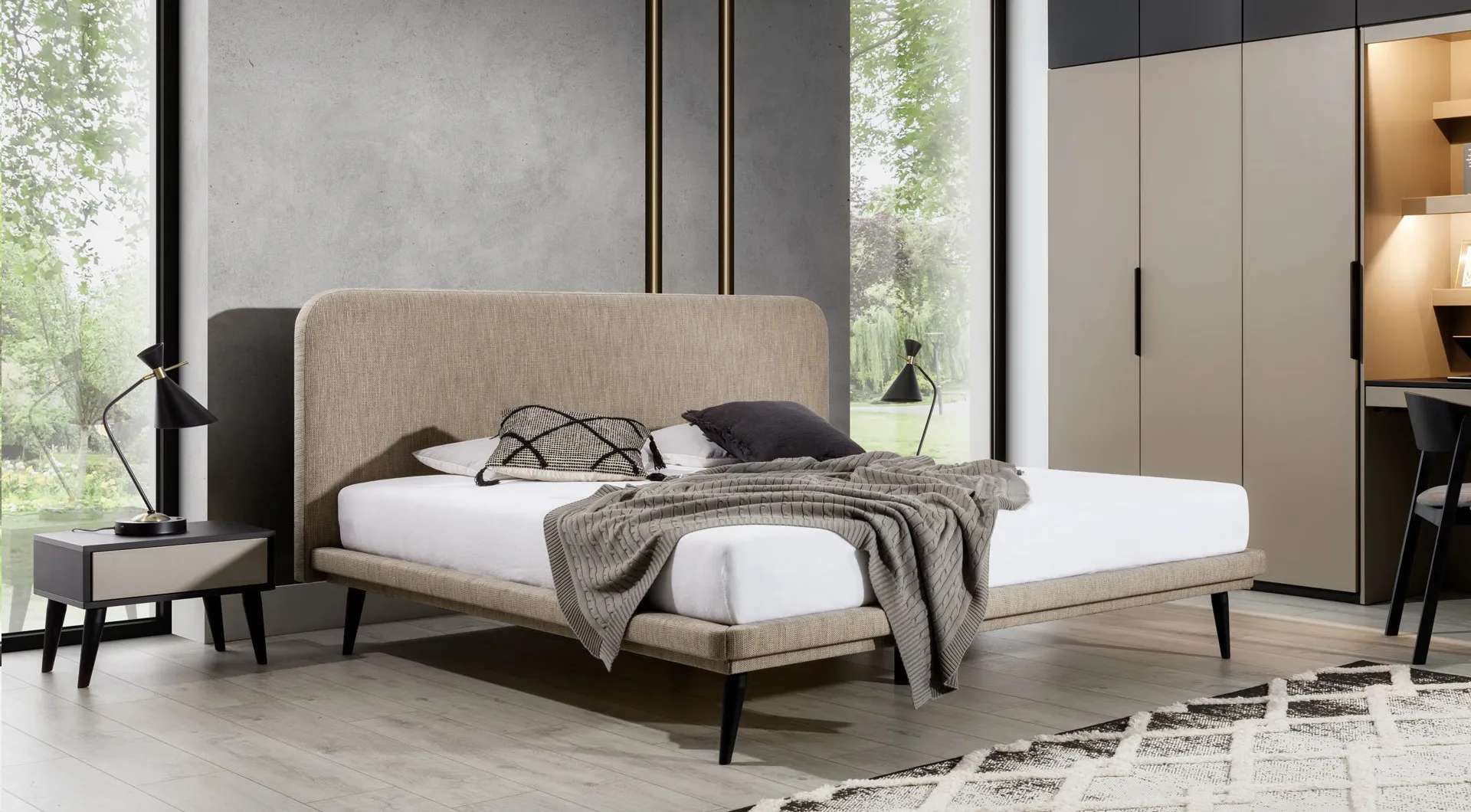 Edle Schlafzimmer Möbel Braunes Textil Bett Designer 2x Nachttische