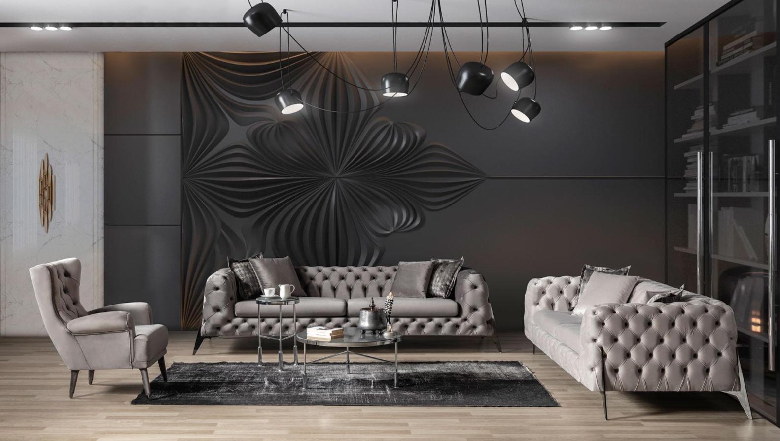 Hellgraue Wohnzimmer Chesterfield Sofagarnitur 4+3 Sessel Luxus Sessel