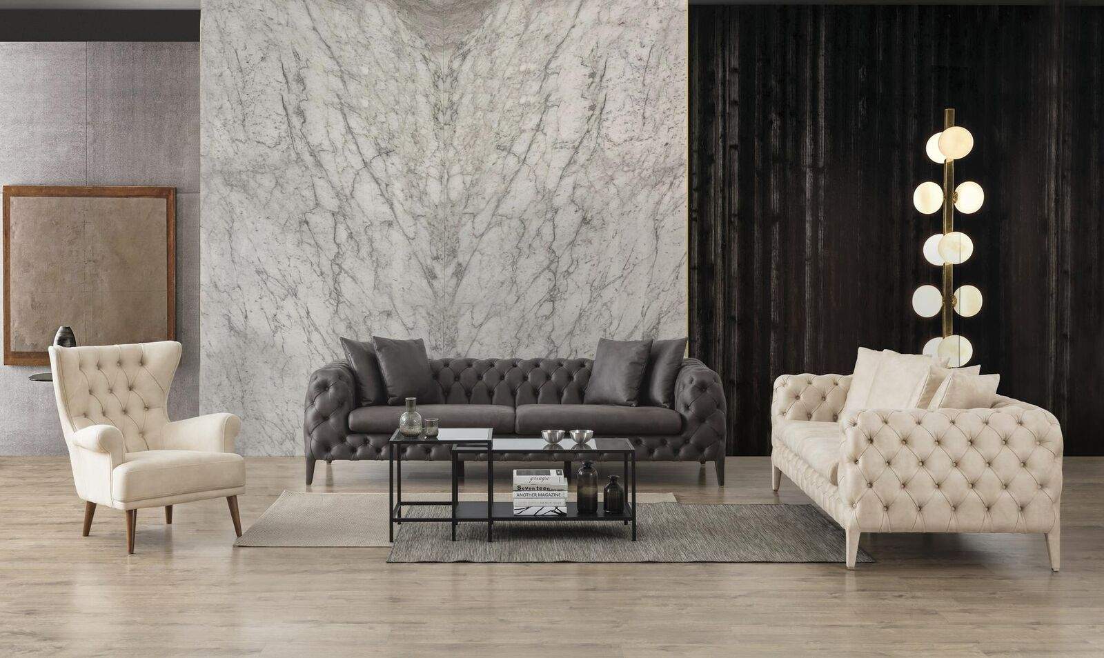Weiß-Graue Wohnzimmer Chesterfield Sofagarnitur 4+3+1 Sitzer Luxus Sessel
