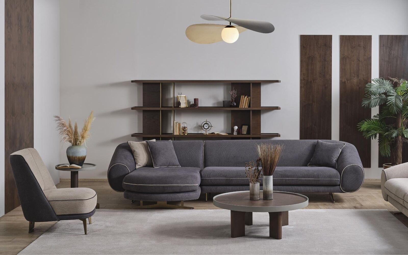 Graues Wohnzimmer Ecksofa L-Form Designer Polstersessel Luxus Set 2tlg