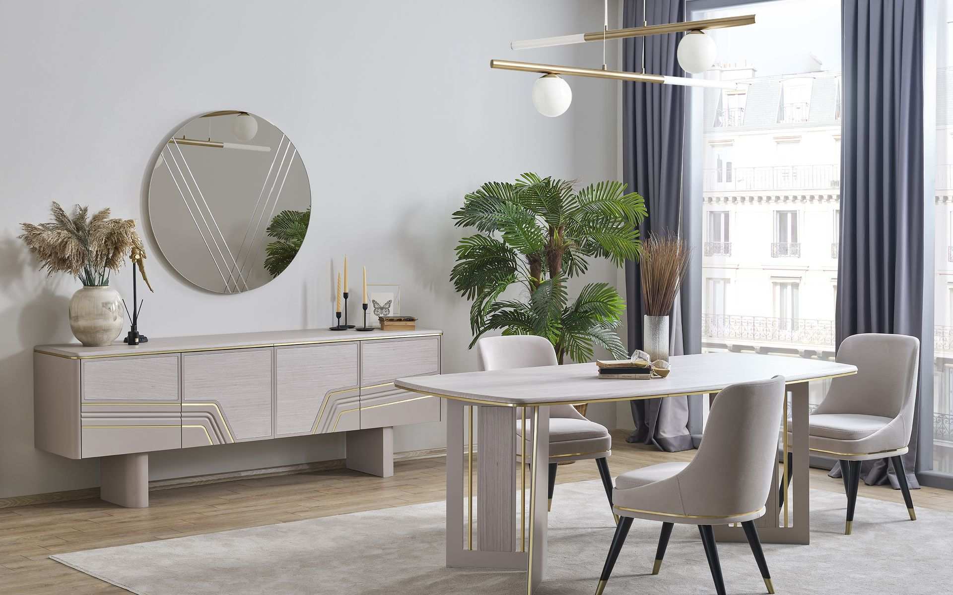 Stilvoller Esszimmer Set Designer Esstisch 4x Stühle Sideboard Spiegel