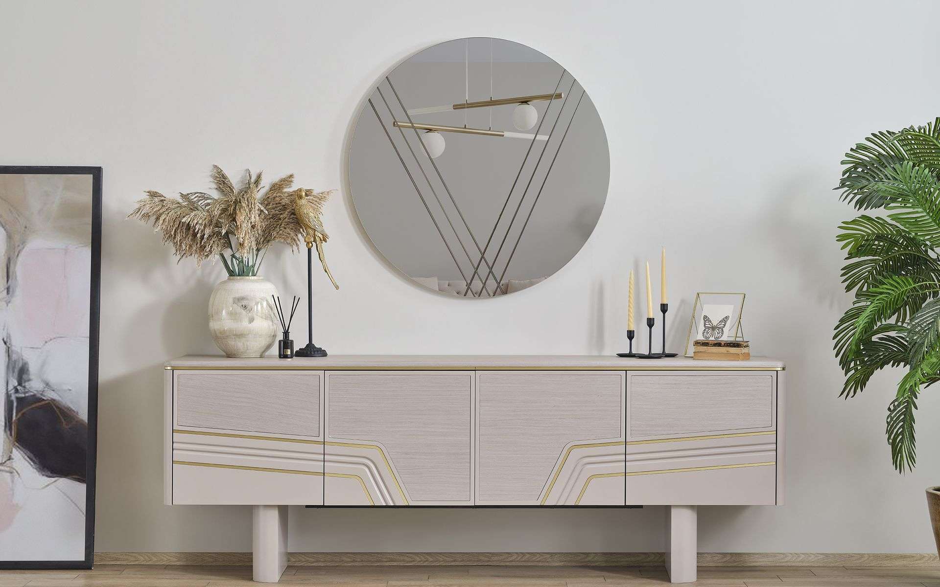 Beige Luxus Holzmöbel Designer Sideboard Luxus Rundspiegel Modern 2tlg